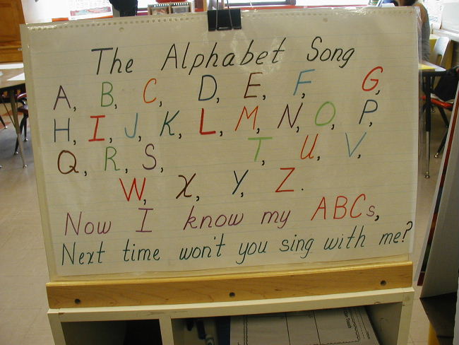 alphabet song:  A, B, C, D, E, F, G……….H, I, J, K, L, M, N, O, P………….Q, R, S, T, U, V…………………W, X, Y and Z………………………….Now I know my ABC, next time wont you sing with me?